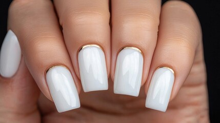 Nail Fashion manicure luxury concept. Glossy White Square Nails with Metallic Gold Accent for Minimalist Manicure Elegance