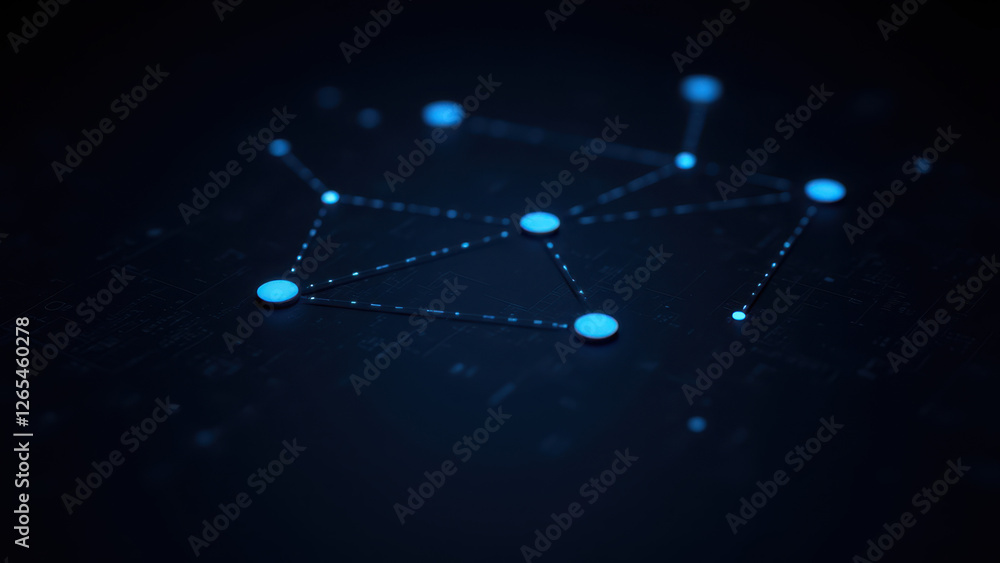 Poster cybersecurity network with nodes and connections, representing online security threats.