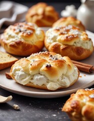 Sweet pastries with cottage cheese filling on a plate, baked goods, sweet buns