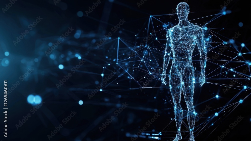 Poster futuristic human figure composed of luminous lines and points against a dark background representing