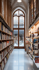 cozy family owned bookstore with wooden shelves, showcasing variety of books. elegant architecture and large windows create warm atmosphere, inviting readers to explore