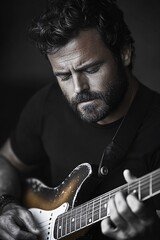 Fototapeta premium A bearded musician deeply immersed in playing his electric guitar. His intense expression and worn instrument reflect passion and experience, creating a moody, soulful atmosphere