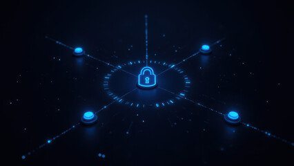 A futuristic digital lock system set within a network of nodes, symbolizing cybersecurity and internet security.