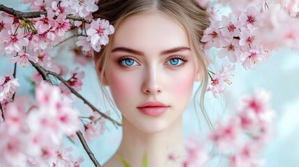 Fototapeta premium Beautiful young woman with blue eyes surrounded by delicate pink cherry blossom flowers in soft, natural light showcasing springtime freshness and beauty.
