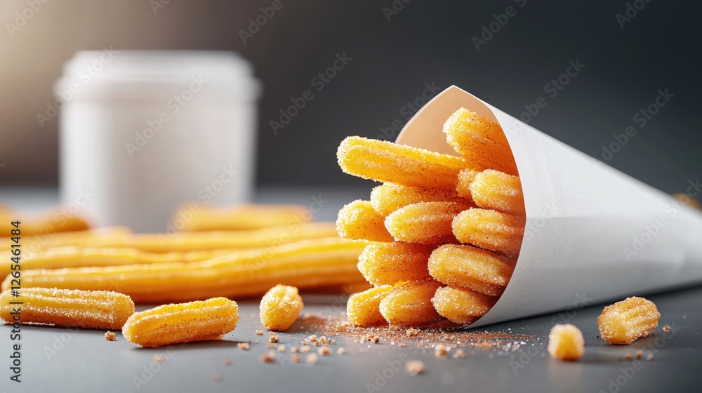 Poster golden churros in a paper cone on a gray surface with a white container in background