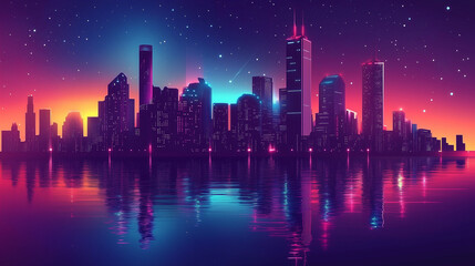 A stylized 3D vector illustration of a city skyline silhouette in vibrant colors, placed against a dark gradient night sky background with glowing stars, with copy space. Bright glowing lighting. 