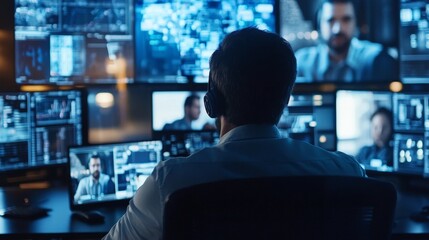 diverse group of professionals in a virtual video call, multiple screens showing remote workers