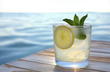 Fresh Lemonade with Ice, Mint, and Lemon Slice in Glass, Tropical Summer Drink with Dewdrops on Seafoam Bokeh Background, Cinematic Style Healthy Beverage for Relaxing Hydration