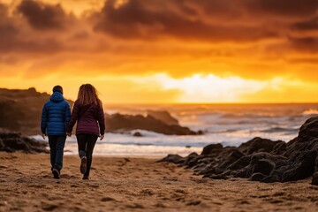 Fototapeta premium A couple walks hand in hand along a rocky beach at sunset, surrounded by golden skies and crashing waves, enjoying a peaceful and romantic moment