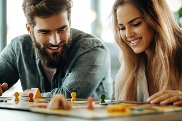 Fototapeta premium A couple playing a board game together at home, smiling and enjoying a fun and engaging moment