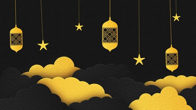 Ramadan Kareem Background with Paper-Cut Clouds, Hanging Lanterns and Stars