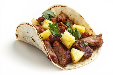 Delicious al pastor taco with pineapple and cilantro on a white background close up view