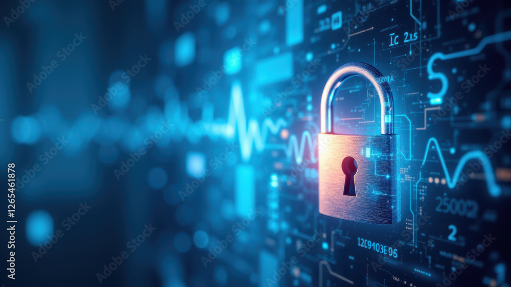 Poster cybersecurity lock icon with digital encryption background.