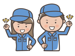 ガッツポーズをして気合いを入れる作業服を着た男女作業員（清掃員）の上半身イラスト