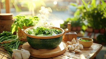 Steaming fresh green vegetables in a rustic bowl on a wooden table in the morning light