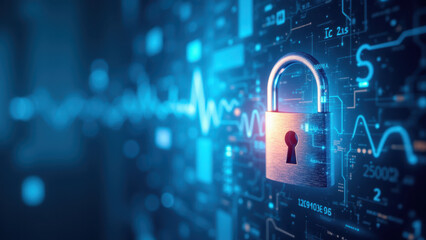 Cybersecurity lock icon with digital encryption background.