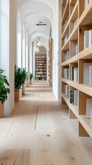 Fototapeta premium cozy family owned bookstore featuring wooden shelves, plants, and serene atmosphere. warm wooden floor and bright lighting create inviting space for readers