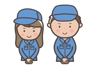 接客イメージの作業着姿の男女作業員（清掃員）の上半身イラスト