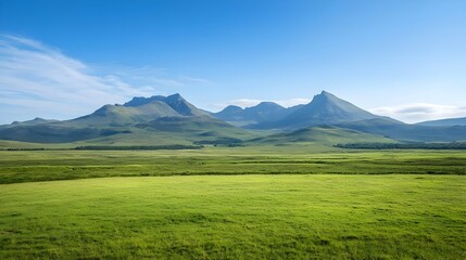 Fototapeta premium Green Meadow With Mountains And Blue Sky