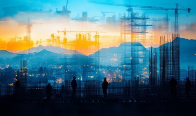 Double Exposure Construction Site with Workers and Cranes at Dusk, Blue and Orange Theme Illustrating Progress and Growth, Generative AI