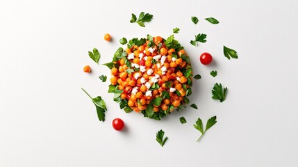 Delicious chickpea salad with fresh parsley and feta cheese on a white background table
