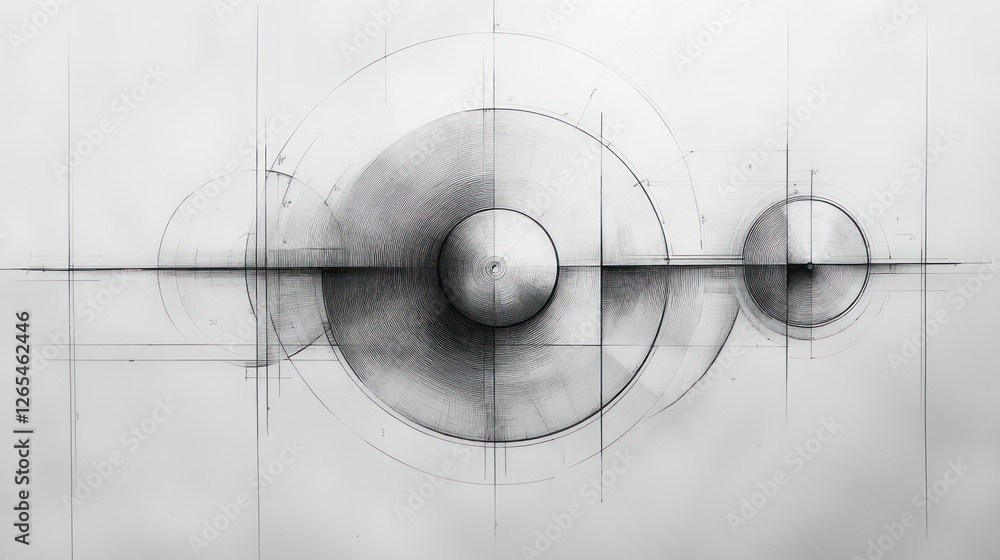 Poster pencil sketch of abstract geometric circles and lines on paper background
