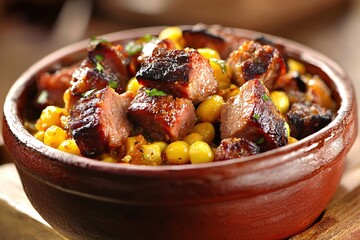 Delicious braised meat cubes with yellow chickpea stew in rustic bowl culinary delight