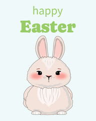 Cute Easter bunny in a simple outline style with pink cheeks, green Happy Easter text, and a light blue background