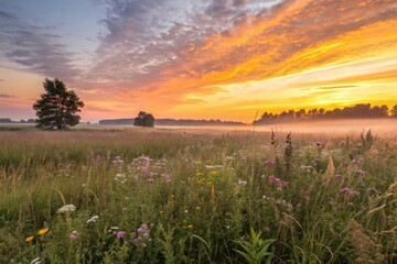 The sunrise over a field of tall grasses and wildflowers featuring shades of yellow orange and pink, landscape, morning, pink
