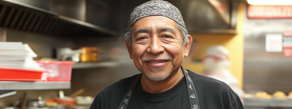smiling chef in traditional restaurant kitchen, showcasing culinary skills and experience. warm atmosphere reflects family oriented dining experience