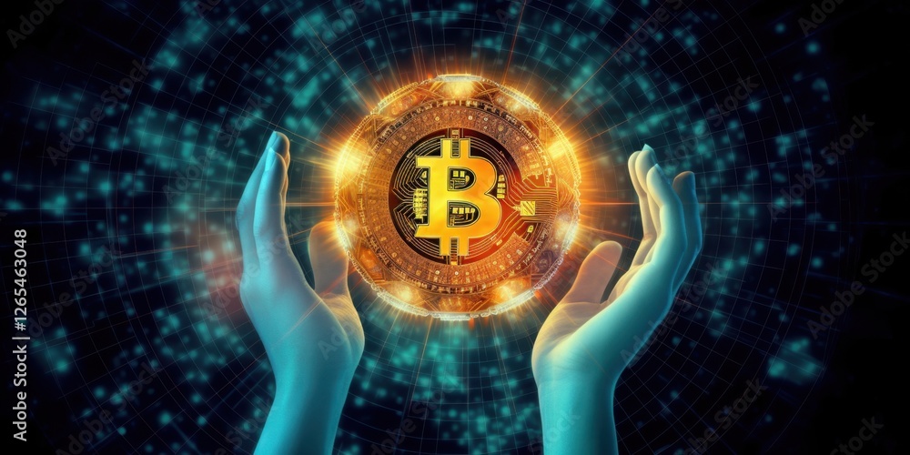Poster digital cryptocurrency symbolism: illuminated bitcoin surrounded by futuristic tech elements