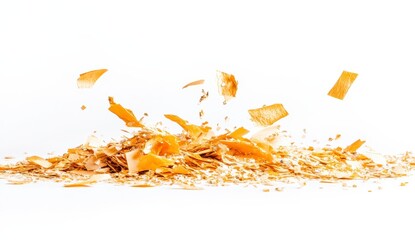 Shredded Wood Chips Flying Across Bright White Background
