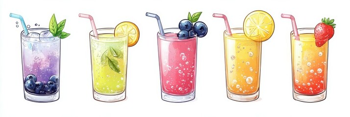 Fototapeta premium Italian Soda Fruit Drink Mix with Lemon, Blueberry, Strawberry, Peach, and Yuzu Orange Flavors. Refreshing Summer Beverage Set Isolated on White Background