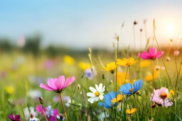 Obraz premium A vibrant field of colorful cosmos blossoms under a blue summer sky, evoking feelings of joyous celebration and natural beauty during spring and summer.