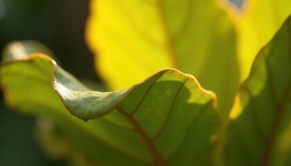 Green Fiddle Leaf Fig Leaf Close-up with Sunlight and Detailed Veins
