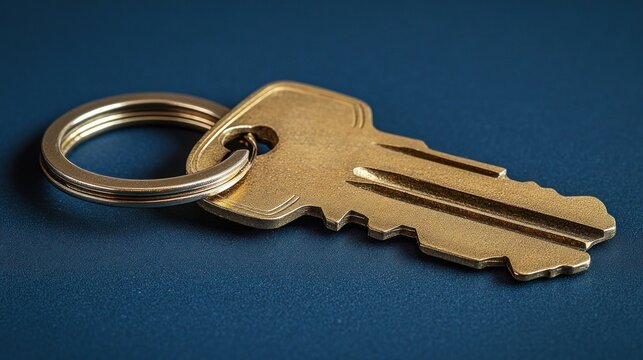Brass key, keyring, dark blue background, closeup, real estate