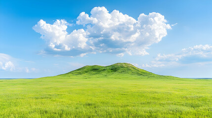 Obraz premium Lush green field, twin hills, sunny sky, peaceful landscape, nature background