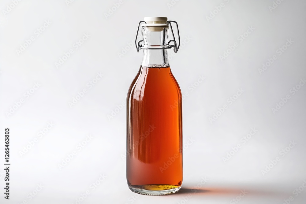 Poster glass bottle with amber liquid on a white background in a studio setting with soft lighting