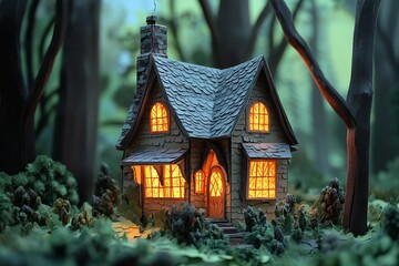 Fototapeta premium Fairytale paper art scene of a little house in the woods with glowing windows.