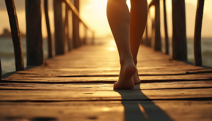 Barefoot person walking on a wooden pier at sunset over the ocean