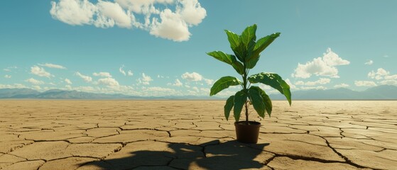 A small plant is growing in a desert