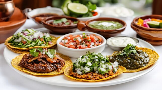 Delicious mexican tostadas with various toppings and sauces on a white plate culinary delight