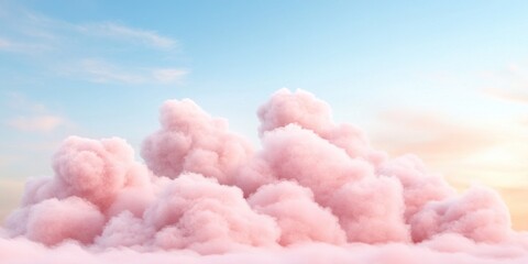 Pink Dream Clouds: A surreal and dreamy landscape with fluffy pink clouds piled high against a soft blue sky.  A touch of warm light illuminates the edges of the clouds.