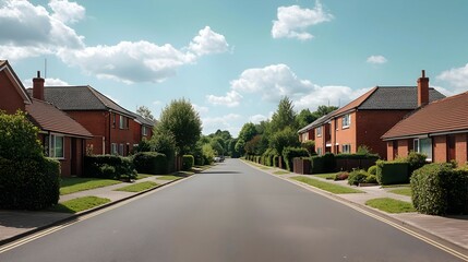 Naklejka premium Quiet Suburban Street With Brick Houses Under A Sunny Sky