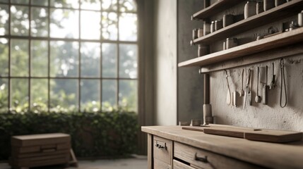 Craftsman's workshop, tools, window, nature view, carpentry