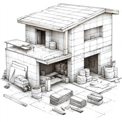 Two-story building under construction, tools and materials scattered around, urban scene