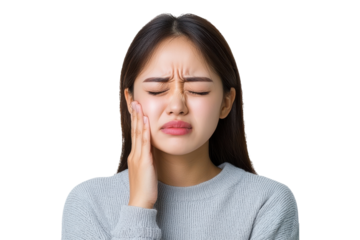 Unhealthy woman with a pained expression, holding cheek, suffering from toothache, periodontal disease, cavities, or jaw pain, isolated on transparent background