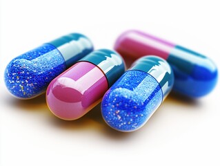 Multicolored tablets and capsules with medicines close-up