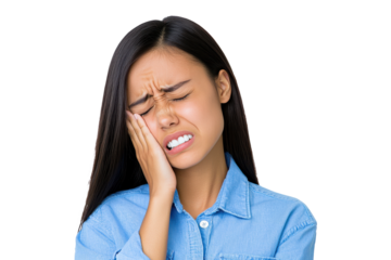 Displeased woman suffers from toothache, touches cheek, needs dental care, has health problems, closes eyes with pain, isolated on transparent background