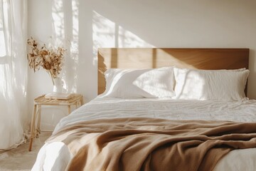 Minimalist bedroom with a white bedspread, pastel brown throw blanket, and a wooden headboard, bathed in soft morning light.